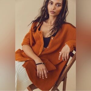 Free People Waffle Knit Oversized Button Front Cardi Tunic Copper